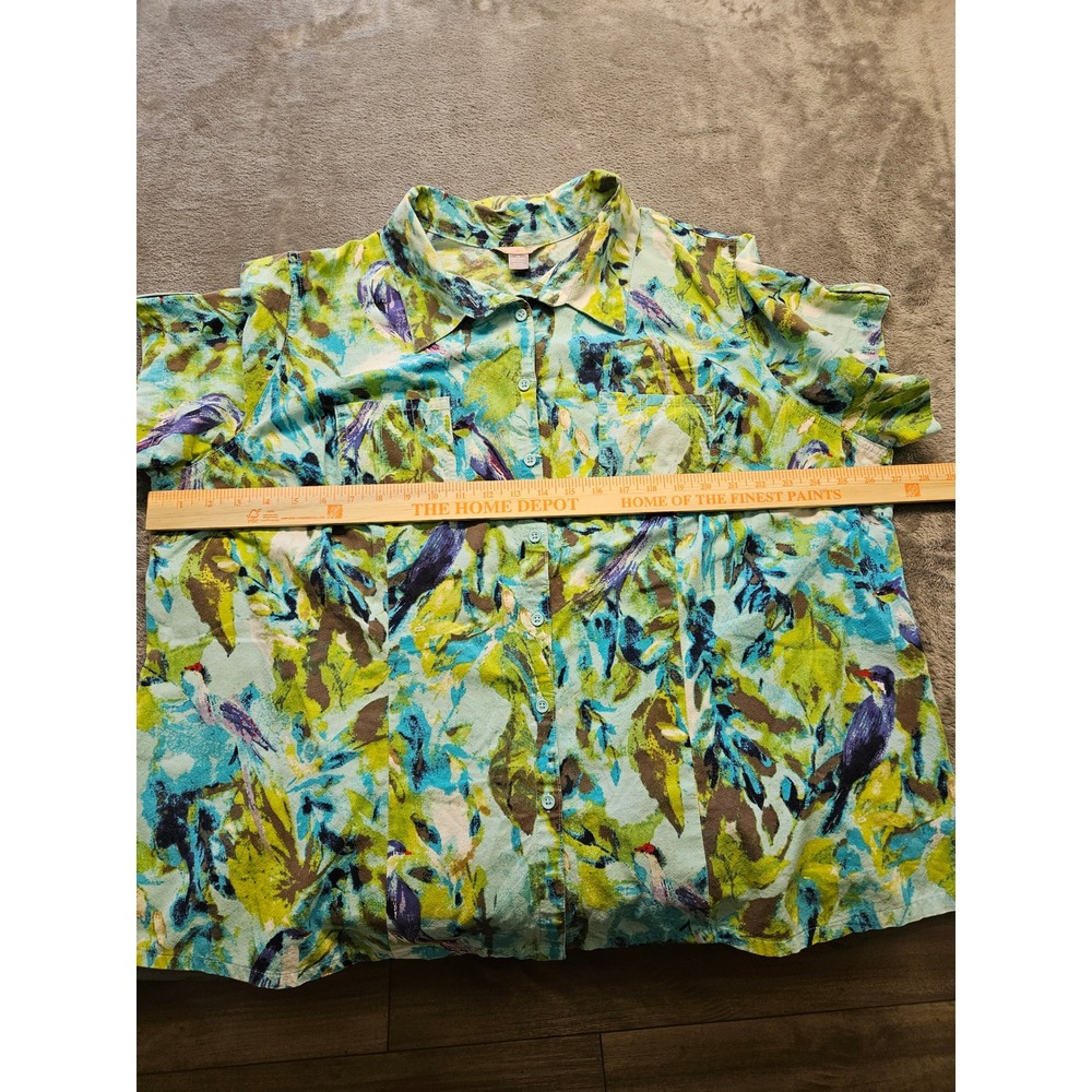 White Stag Womens 3X Tropical Bird Print Cotton Button Front Blouse Teal Green - Picture 5 of 6